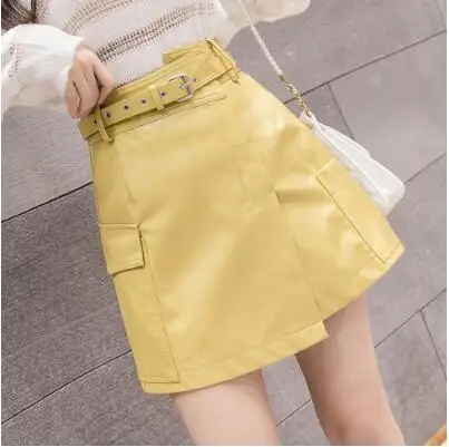 Yellow REALEFT осень-зима OL Элегантные мини короткие юбки с высокой талией зеленый PU кожаный Облегающее фигуру платье трапециевидные юбки с карманом пояс - Цвет: Yellow