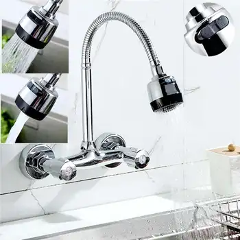

Xueqin 360Rotation Chrome Modern Dual Handle Mixer Tap Cold And Hot Water Wall Mounted Pull Down Kitchen Sink Spray Faucet