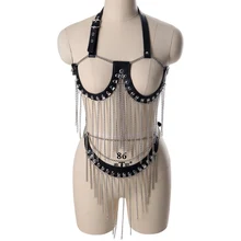 Комплект нижнего белья из искусственной кожи с ремнем на бретельках, сексуальный комплект нижнего белья, Фетиш для женщин, металлическую цепь с кисточкой клетчатый Бралетт, готический, панк, танцевальная одежда