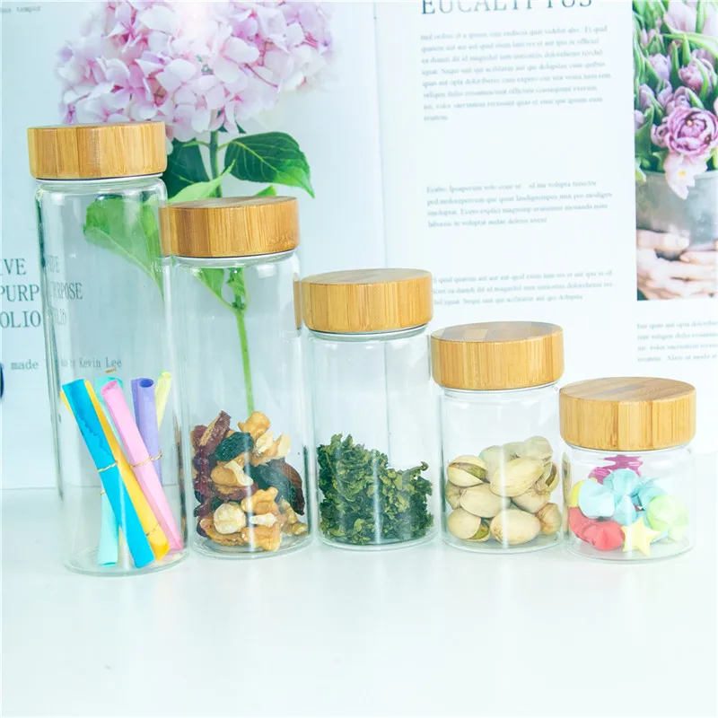 

6units Glass Bottle with Aluminum Bamboo Double Cap 50ml 80ml 100ml 150ml 190ml Glass Storage Jars Candy Food Leak proof Bottles