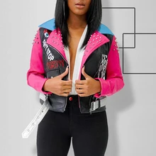 Women's Rivet Printing Lapel Contrast Color Zipper PU Leather Fashionable Coat Long-sleeve Short Jacket