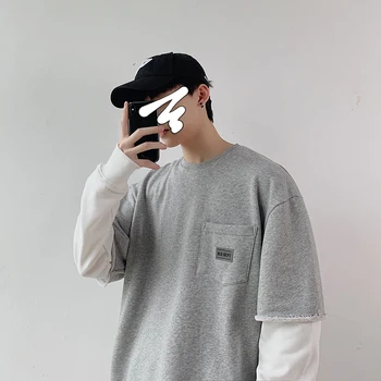 

2019 Autumn Men Casual Loose Fake Two Pieces Oversize Pullover Cotton Sweatshirt Round Neck Long Sleeve Grey Hoodies Homme M-2XL
