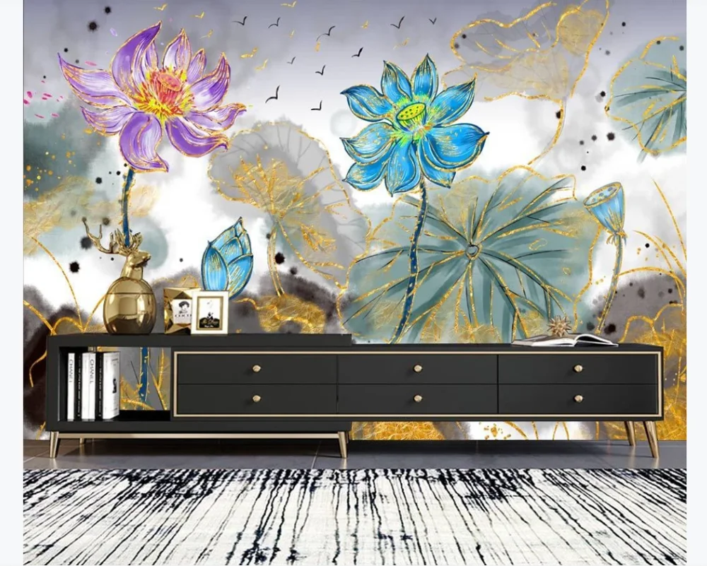 

Custom 3D photo wallpaper mural new Chinese light luxury golden abstract ink lotus background wall