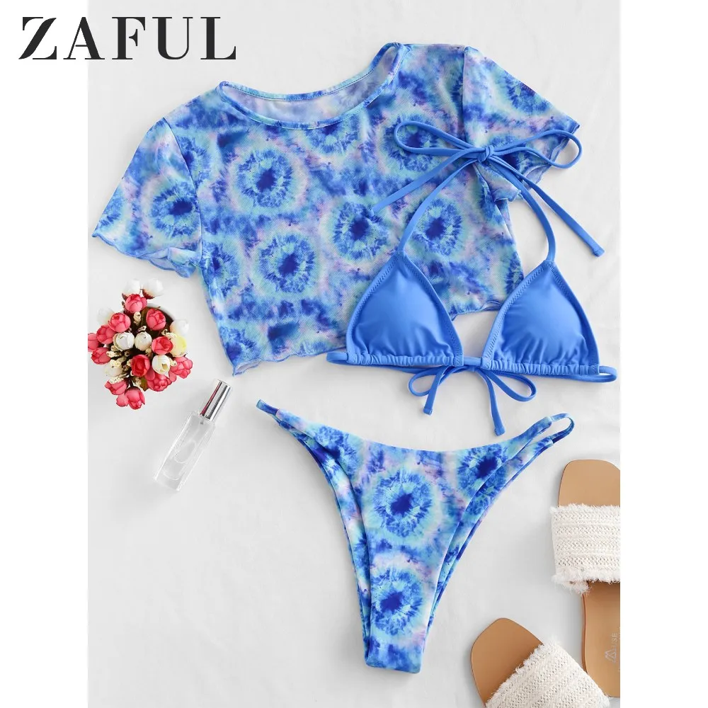

ZAFUL Mesh Tie Dye Halter String Three Piece Bikini Swimsuit Screen Printed Short T Neck Bikini Low Waisted Women Bathing Suits