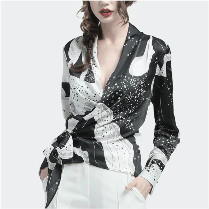 

2020 Women's Chiffon Shirt Long Sleeve Sexy Cross V-neck Fashion Print Lace Up Slim Thin Blouse Elegant Women's Tops 2186