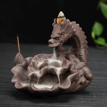 

New Purple Sand Dragon Backflow Incense Burner Ceramic Home Decor Ornaments YiXing Stick Incense Holder + 10 Pcs Incense Cones