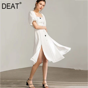 

DEAT 2020 new summer square collar short lantern sleeves high waist single contrast colors high open sexy dress WM63500L