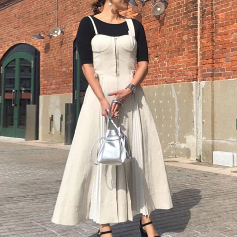 Denim Dress Women Autumn Korean Fashion Causal Halter Blue Jeans Long Midi Pleated Dresses Brown Robe Sundress vestidos
