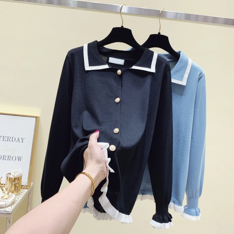 

2021 Autumn Winter Cardigan Ruffle Sweater Casual Simple Long Sleeve Turndown Collar Jumpers and Bottom Outerwear Top