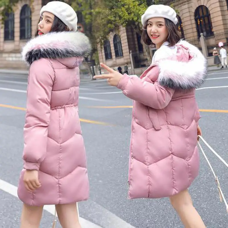 New Parkas Mujer Winter Slim Meidum Long Jacket Fashion Hats For Women Hooded Big Fur Collar Black Basic Warm Korean Coats