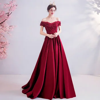 

2020 New Crystal Diamond Flower Wine Red Bride Wedding Toast Performance Evening Dress