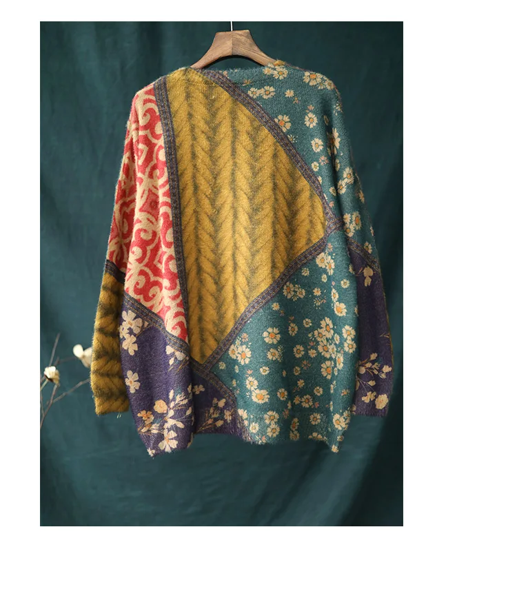 Осенне-зимний свитер Для женщин Ретро свободные Вязание пуловеры Топы Werainyee новые женские Повседневное с цветочным принтом, подходит ко всему, свитер, топы