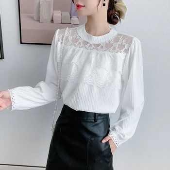 

COIGARSAM Lace blouse women New Patchwork blusas womens tops and blouses White Apricot 8207