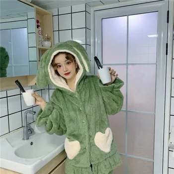 

Winter Pajamas Women 2020 New Japanese Cute Cheap Pajamas Suit Women's Hood Can Be Worn with Velvet and Thick Warm Home Clothe