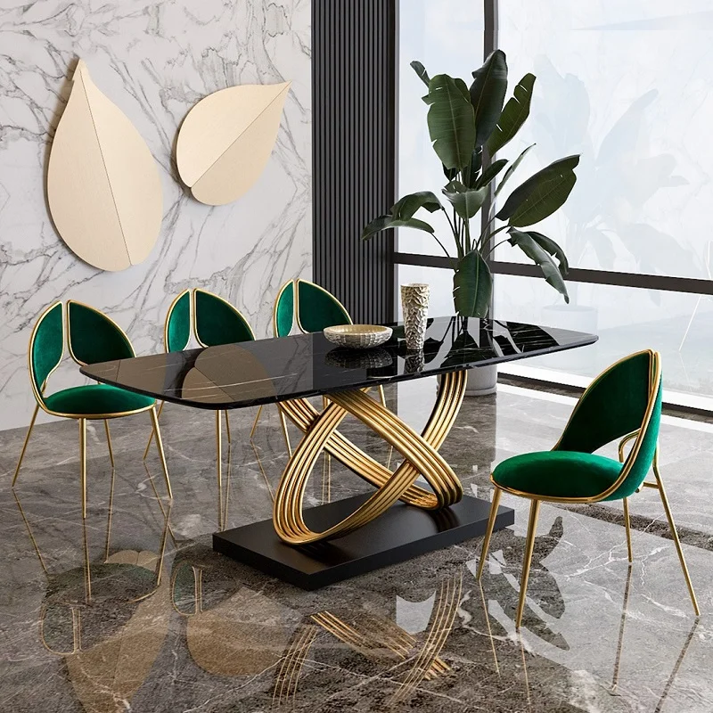 Best Modern Simple and Creative Light Stainless Steel Marble Dining Tables Golden Dining Table Set