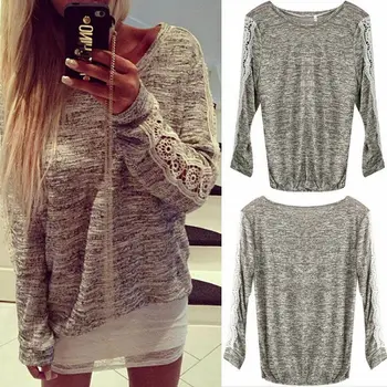 

Women's Loose Long Sleeve Cotton Casual Blouse Shirt Tunic Tops Fashion Solid Color Lace Tops Blouse