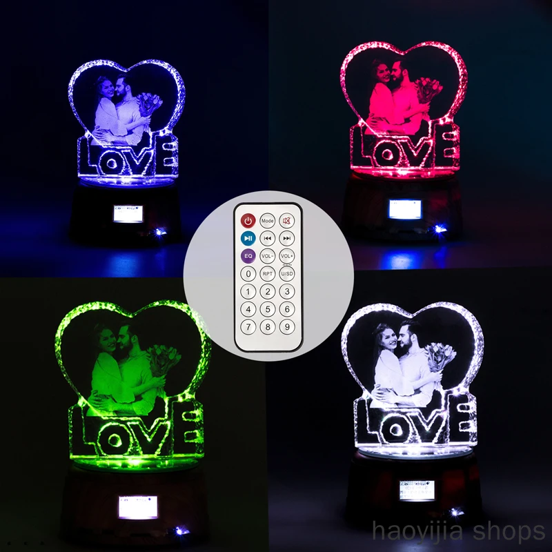 

New remote control personalized photo LED night light wooden base crystal photo MP3 music rotatable display Bluetooth lights