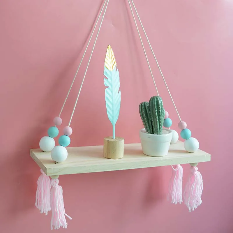 

INS Nordic Wall Display Shelves Decor Storage Rack Hanging Clapboard for Office Bedroom Living Room Wooden Tassel Swing Shelf
