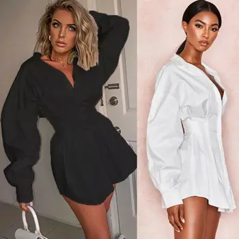

2020 Sexy Women Deep V-Neck office Shirt Mini Dress Club Party Waist Design short Dresses Lady Fashion Loose Long sleeve Dress