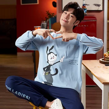 

2020 Spring Autumn Long Sleeve Pajama Set for Men Korean Cotton Sleepwear Nightwear Male Loungewear Pyjama Homewear Home Clothes