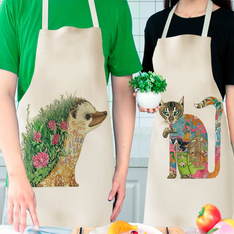 Parent-child Kitchen Apron Cartoon Creative Animal Printed Sleeveless Cotton Linen Aprons for Men Women Home Cleaning Tools