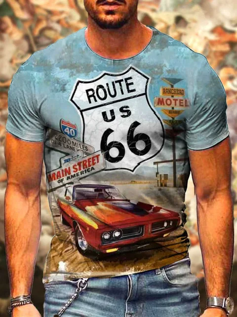 Printed T-shirt 3d Men's Short Sleeve Oversized Clothing Vintage New Summer Fashion American 66 Pattern O Collar Loose T-shirt 6 9