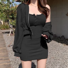 

Gray Zip Up Hoodie Crop Top And Strap Button Dress Cotton Two Piece Set Tracksuit Women Autumn 2021 Sweatsuit Outfits Streetwear