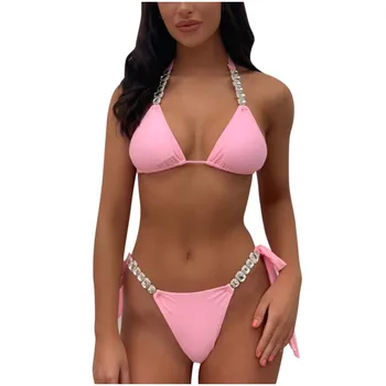 

Swimwear Women Solid Strap Low Waist Rhineston Swimsuit Push Up Bikinis Set Swimsuit Female Beachwear Swimming Women Sexy