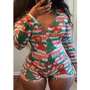 

2020 Sexy Women Deep V-neck Bodycon Sleepwear Jumpsuit Button Bodysuit Romper Bodysuit Short Sleeve Christmas Print Bodysuit