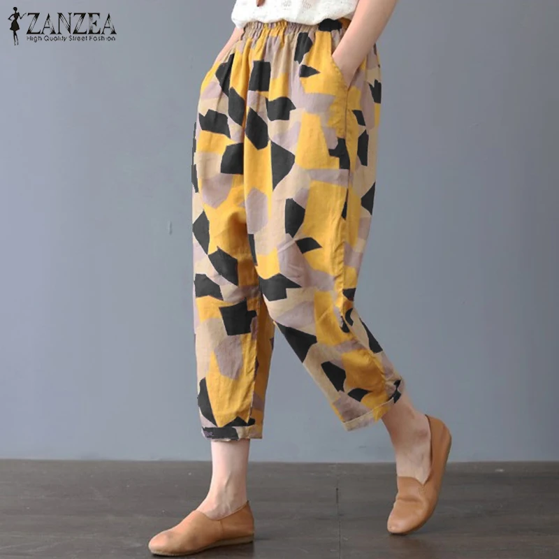 Женские шаровары ZANZEA Kaftan с геометрическим принтом, весенние хлопковые длинные штаны с эластичной резинкой на талии для женщин, Палаццо Репка