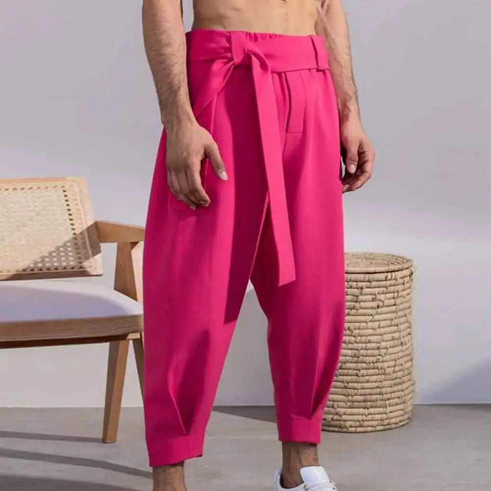 Men's Casual Pants Mid Waist Solid Color Skin-friendly Lace-up Casual Belt Loose Cropped Trousers for Autumn wide leg pants