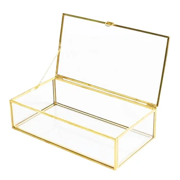 

Golden Vintage Glass Lidded Box Bracelet Keepsake Decorative Jewelry Display Personalized Large Clear Rectangle Box Rings Bracel
