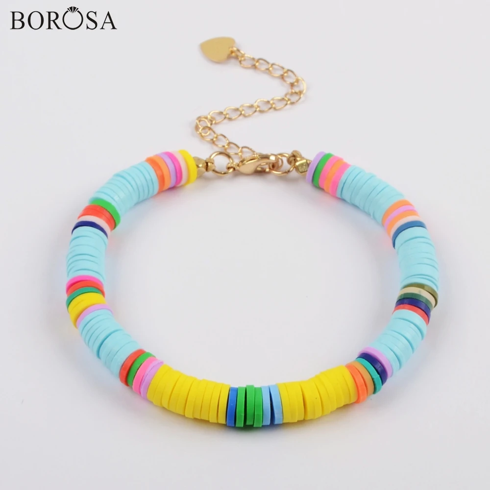 

BOROSA Boho Colorful Bracelets Polymer Clay Beads Fimo Slice Plastic Thin Disc Elastic String Handmade Bracelet Jewelry dropship