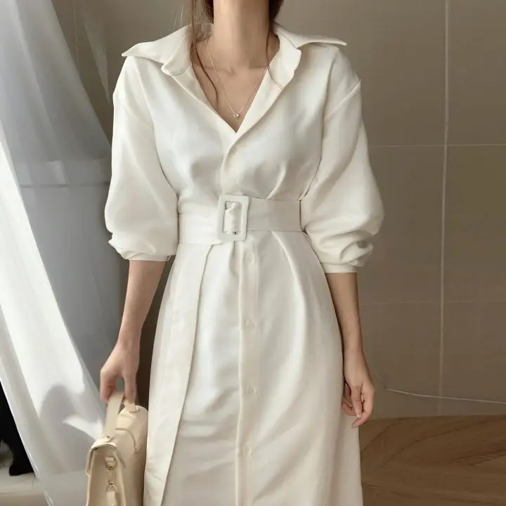 

2020 Summer Elegant Chic dresses Single-breasted Women Long Dress Full Sleeve Belted Sashes Female A-line Dress Vestidos vs173