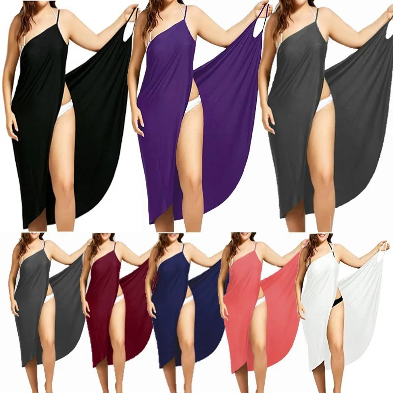 

2019 Summer Europe And America New Style Joint Solid Color Sexy Beach Skirt Camisole Short Dress