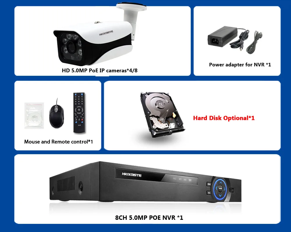 HKIXDISTE H.265+ 8CH 5.0MP NVR POE безопасности ip-камера системы наружного IR-CUT CCTV видео наблюдения рекордер комплект запись лица