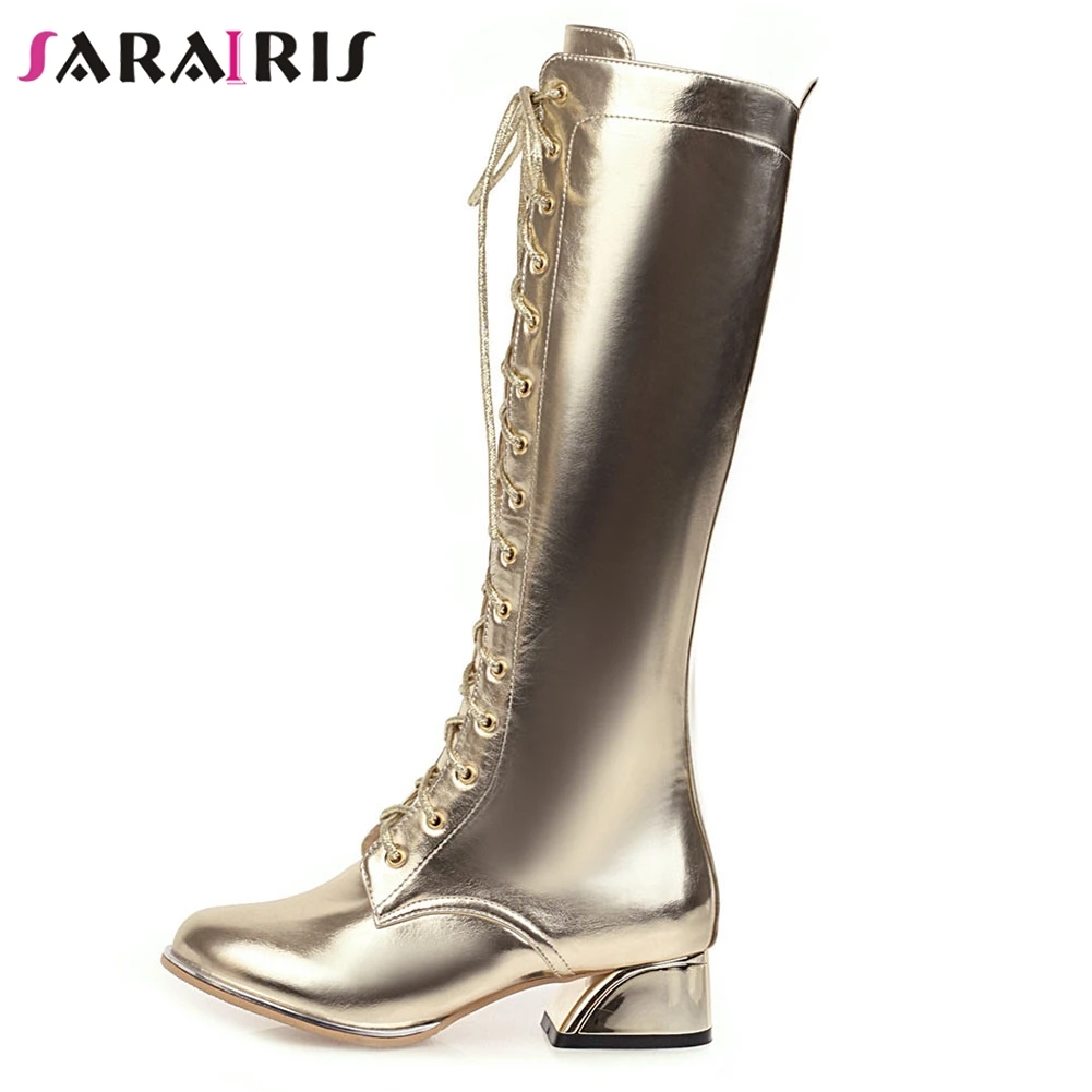 

SARAIRIS Ins Hot Female Round Toe Lace Up Mid Calf Boots 2020 Metallic Silver Boots Women Spring Autumn Shoes Woman