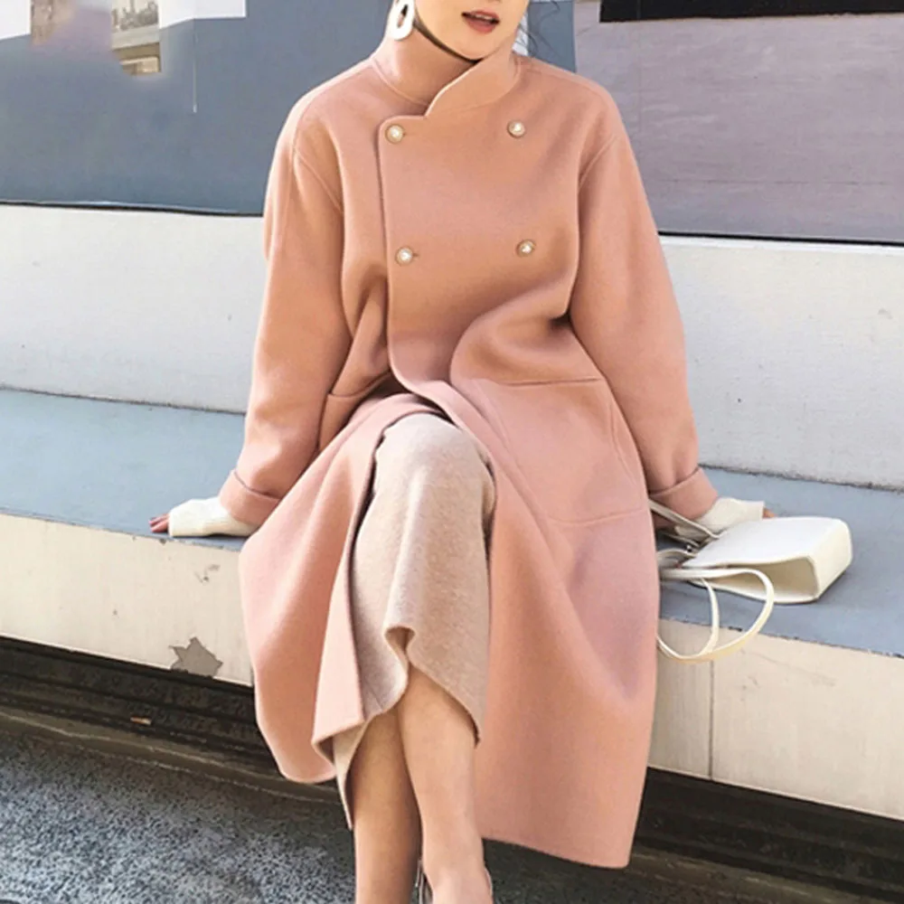 

Elegant Female Autumn Korean Style Wool Blends Pearl Buckle Loose Long Woolen Warmness Overcoats Solid Color Minimalist Outwears