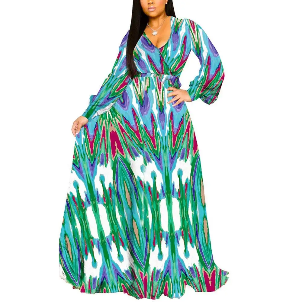 Fadzeco African Plus Size Dresses For Women Robe Loose Dress Dashiki Batik Floral Wax Print Lady Clothing African Gown For Women - Цвет: Green