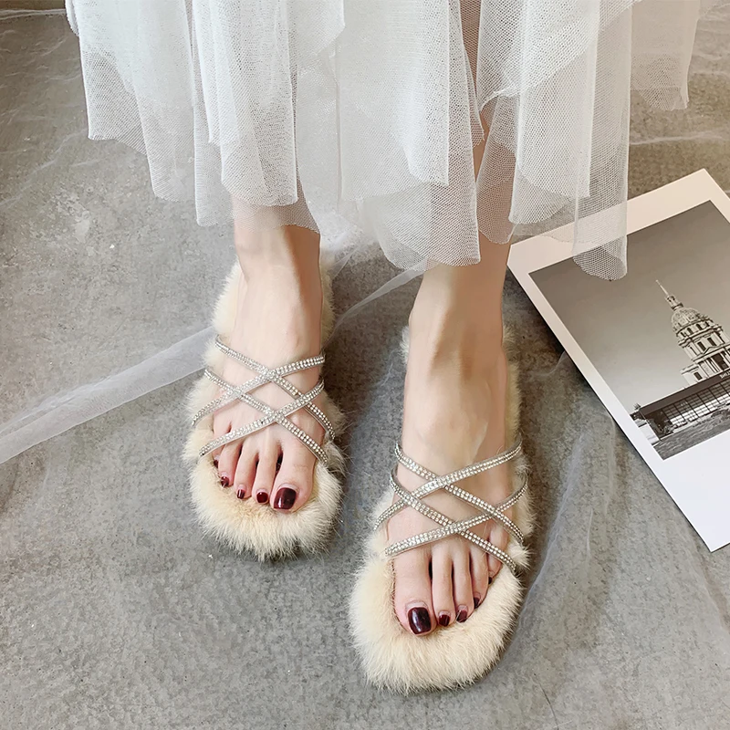 

Shoes Woman 2019 Slippers Fur Loafers Cross-tied Flock Luxury Slides Low Jelly Flip Flops Plush Flat New Designer Glitter