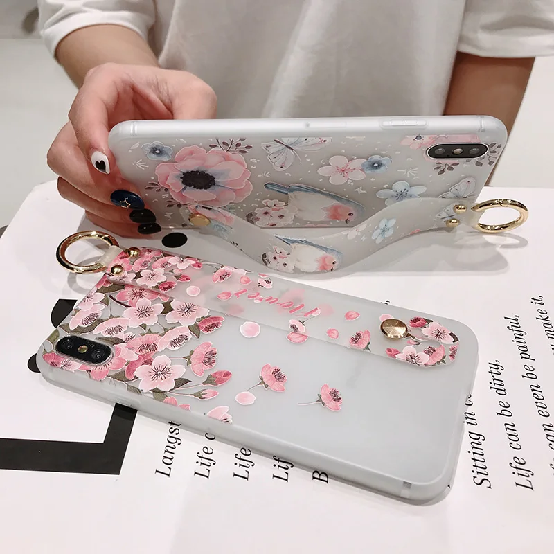 SoCouple Flower Soft TPU Wrist Strap Case For iphone 7 8 6 6s plus X Xs max XR Relief Floral Phone Holder Case Transparent Cover (2)