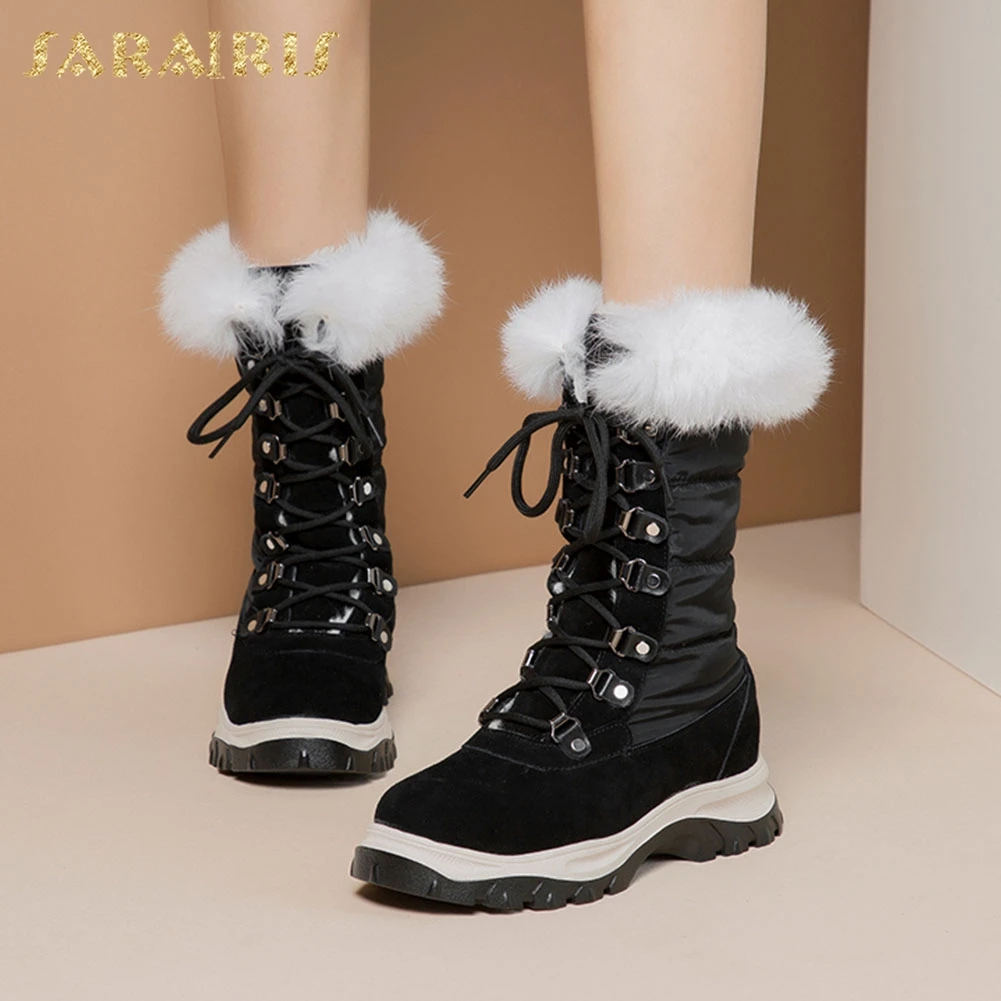 

Sarairis High Quality 2020 Cow Suede Add Fur Autumn Winter Shoes Woman Boots Lace Up Platform Black Shoes Women Boots
