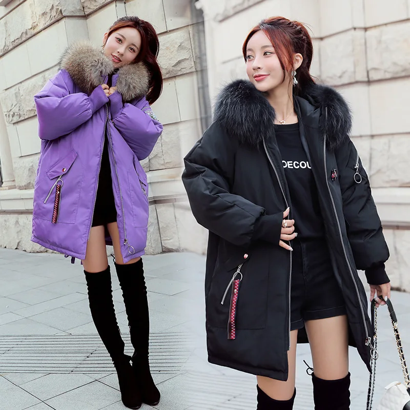 

2019 down Coat Mid-length Korean-style Students Fur Collar Large Size Cotton-padded Clothes Women's Loose-Fit Cotton-padded Jack