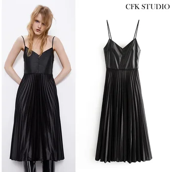 

ZA Women Summer Pu Mididress with V-neck sleeveless Solid Sexy Dress Femme Party Slip Black Pu Mididress