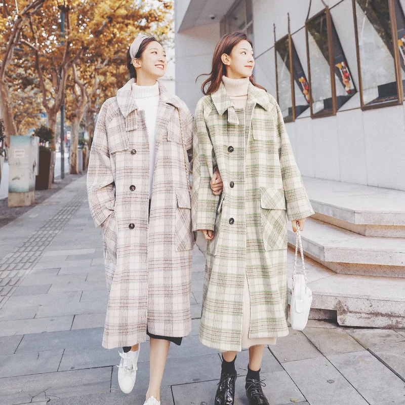 

Network Red Plaid Woolen Coat Women's Mid-length over-the-Knee 2020 Autumn And Winter New Style Korean-style Popular Loose-Fit