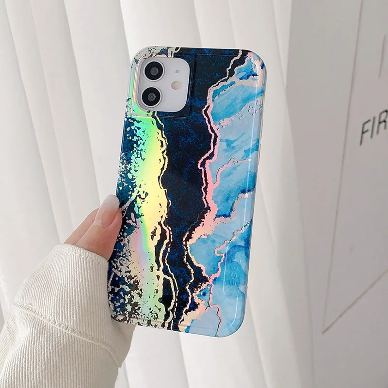 EKONEDA Luxury Chic Laser Flash Blue Marble Case For iPhone 11 12 Pro XS Max X XR 7 8 Plus Protective Silicone Soft Cover Cases | Мобильные