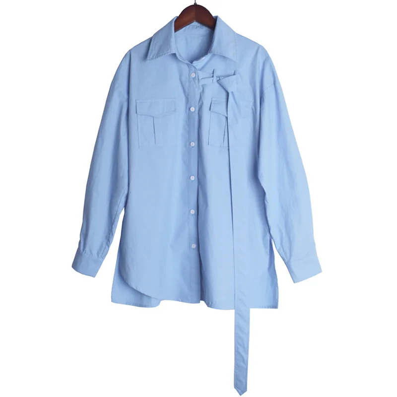 

Blue Long-sleeved Shirt Single-row Button-down Lapel Loose-band Shirt 2019 Button Broadcloth Shirts Women