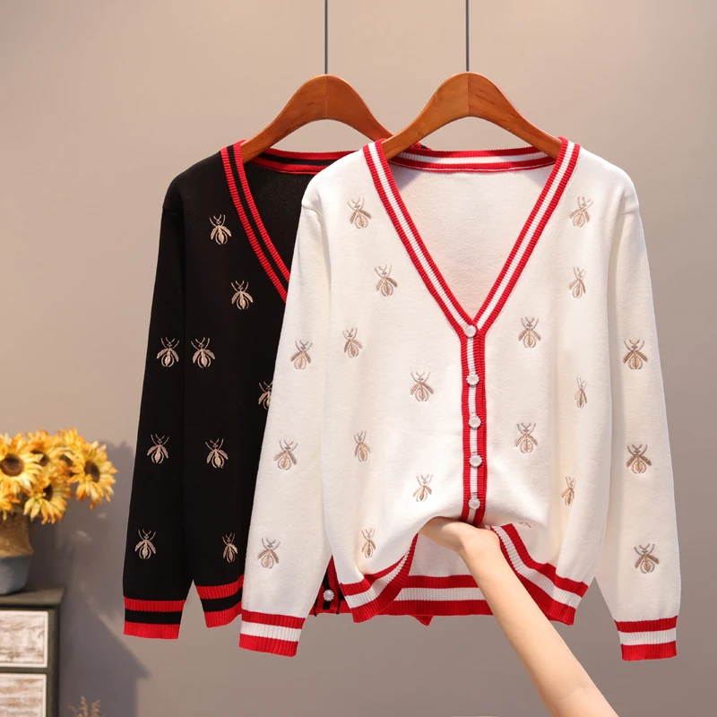 2021 New knitting long-sleeve Bee embroidery women cardigan Autunm thin Office Lady Contrast color Button sweaters |