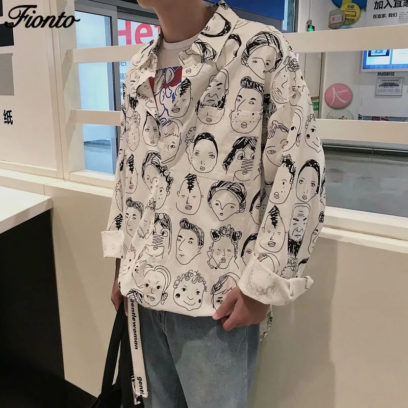 

FIONTO Fashion Character Printed Blouse Men Graffiti Blouses Streetwear Turn Down Collar Long Sleeve Cotton Loose Shirt CA2271/5