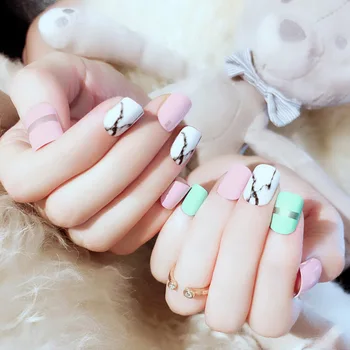 

24pcs/box with 2g glue Girls Sweet Cute Jelly Marble Pattern Design Fake Nails press on Women Manicure Tool False Nail Stickers